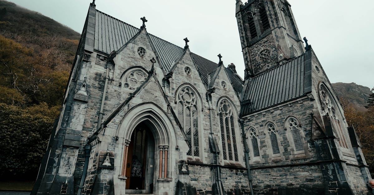 Gothic-style church in rural Ireland, a historic landmark in the countryside.