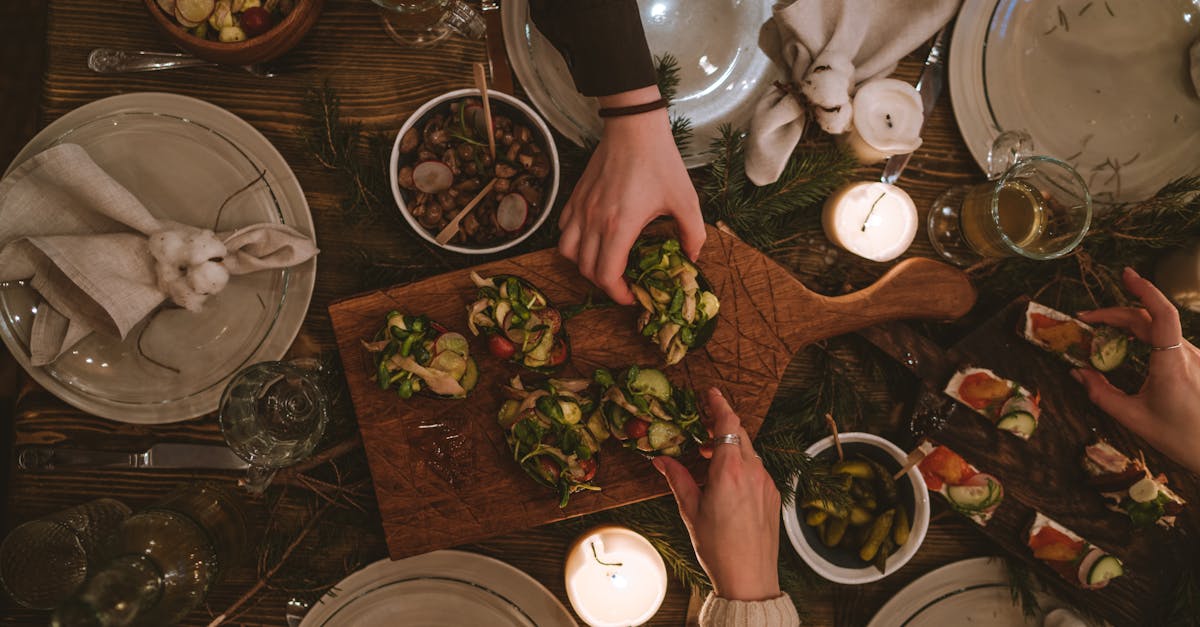 Warm and inviting holiday table with festive decorations and appetizers.