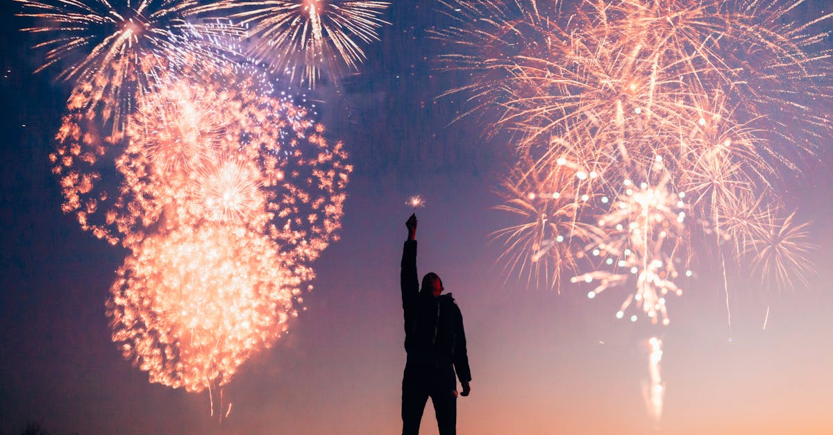 A person celebrates under vibrant fireworks in the evening sky in Kragujevac, Serbia.