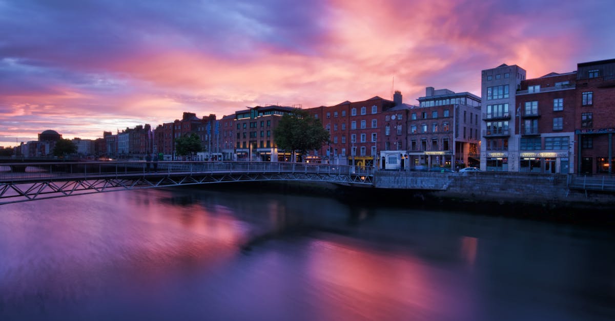 Beautiful sunset view over River Liffey and Dublin cityscape.